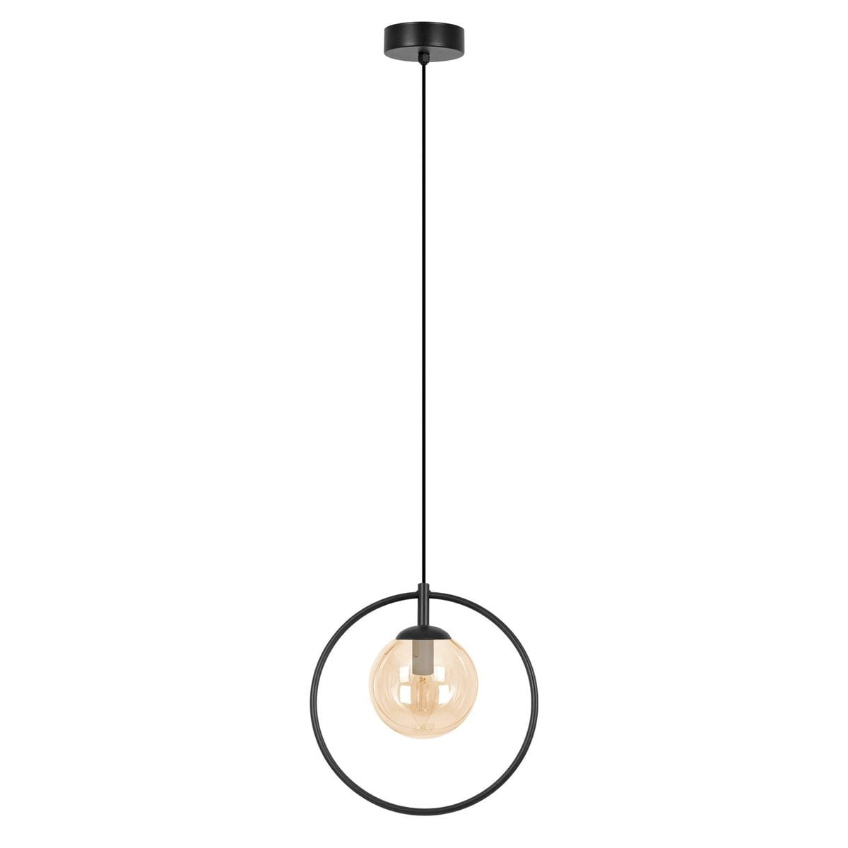 Lampa wisząca Venta z czarnym metalowym mocowaniem i bursztynową kulą. Zawieszona na cienkim przewodzie, otoczona okręgiem. Wykonana z materiałów w kolorze czarnym i bursztynowym. Pasuje do nowoczesnych wnętrz.