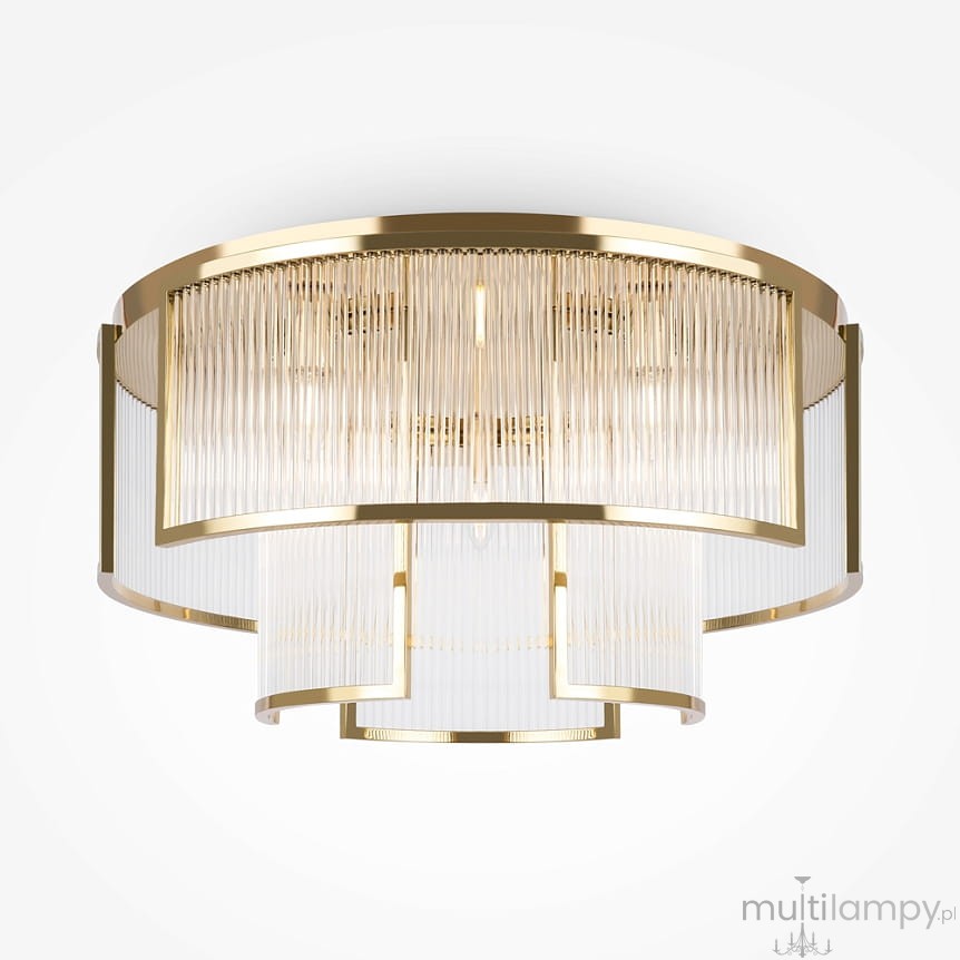 Lampa sufitowa Frame MOD174CL-09G w kolorze złotym z przezroczystymi akrylowymi kloszami. Okrągła forma, z dziewięcioma miejscami na żarówki E14. Zbliżenie na detale, w tym połączenie metalowych elementów z przezroczystymi wstawkami.