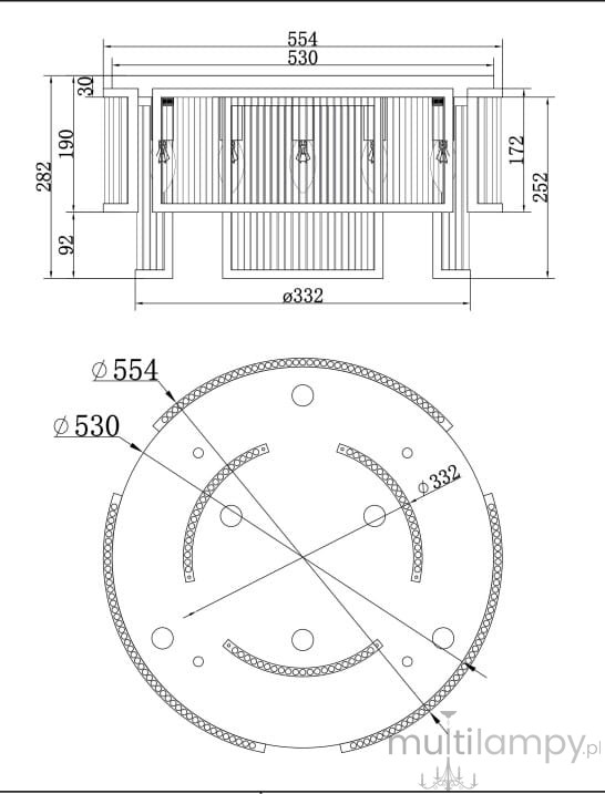 Lampa sufitowa Frame 6xE14 w kolorze złotym, o wymiarach 554 mm x 530 mm, z okrągłym kloszem o średnicy 332 mm. Widok z góry i z boku, ukazujący konstrukcję i rozmieszczenie źródeł światła.