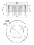 Lampa sufitowa Frame 6xE14 w kolorze złotym, o wymiarach 554 mm x 530 mm, z okrągłym kloszem o średnicy 332 mm. Widok z góry i z boku, ukazujący konstrukcję i rozmieszczenie źródeł światła.