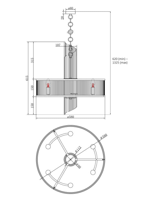 Lampa wisząca Frame z sześcioma oprawami E14 w kolorze złotym. Okrągła, z dekoracyjnymi elementami, wymiary: średnica 80 cm, wysokość regulowana od 620 mm do 1325 mm. Idealna do nowoczesnych wnętrz.
