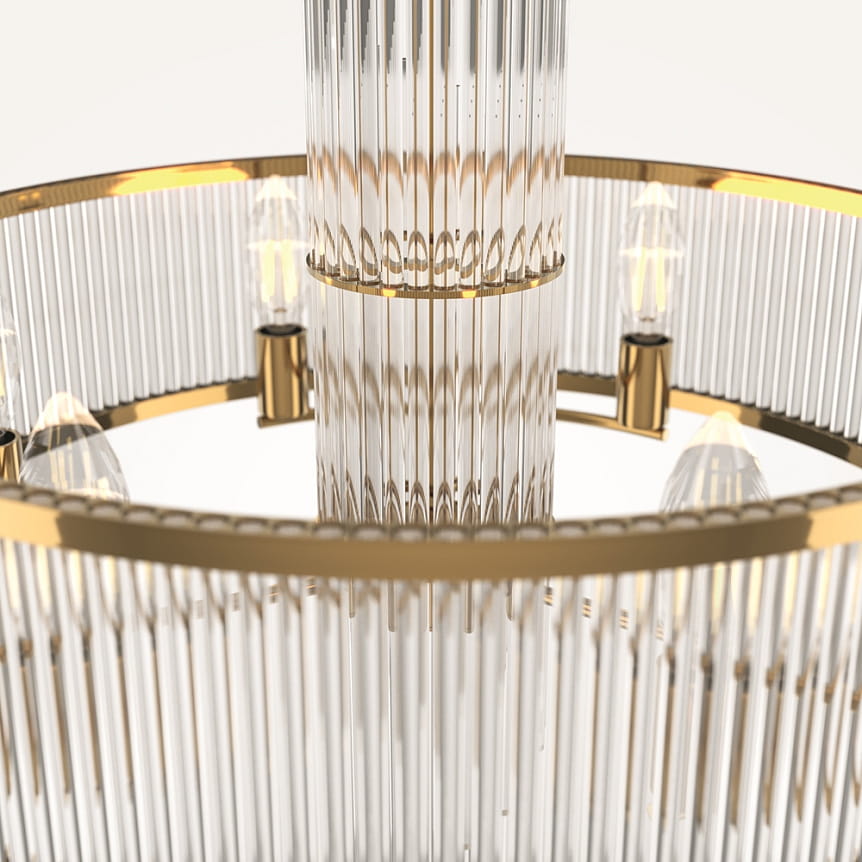 Lampa wisząca Frame z sześcioma gniazdami E14, złota konstrukcja z przeszklonymi elementami. Widok z góry, ukazujący detale szklanych prętów i złotych akcentów, które nadają elegancki charakter.