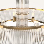 Lampa wisząca Frame z sześcioma gniazdami E14, złota konstrukcja z przeszklonymi elementami. Widok z góry, ukazujący detale szklanych prętów i złotych akcentów, które nadają elegancki charakter.