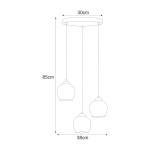 Lampa wisząca Abro 3xE27 w kolorze czarnym z białymi kloszami, zawieszona na trzech kablach. Wymiary: średnica 30 cm, wysokość 85 cm, rozstaw kloszy 38 cm. Prosty design, idealna do nowoczesnych wnętrz.