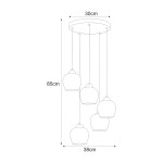 Lampa wisząca Abro z pięcioma kloszami E27 w kolorze czarnym i białym. Okrągła podsufitka o średnicy 30 cm, wysokość całkowita 85 cm, klosze w kształcie kulistym, w rozmiarze 38 cm, zawieszone na cienkich linkach.