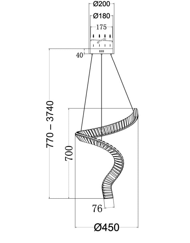 Lampa wisząca LED Krone o mocy 48W i temperaturze barwowej 3000K. Mosiężna konstrukcja w kształcie spirali, z szerokością 450 mm i regulowaną wysokością od 770 do 3740 mm. Elementy montażowe w górnej części.