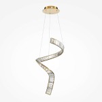 Lampa wisząca LED Krone o mocy 48W, temperaturze barwowej 3000K, z mosiężnym mocowaniem. Posiada spiralny kształt z przezroczystymi elementami, zawieszona na cienkich linkach, na jasnym tle.