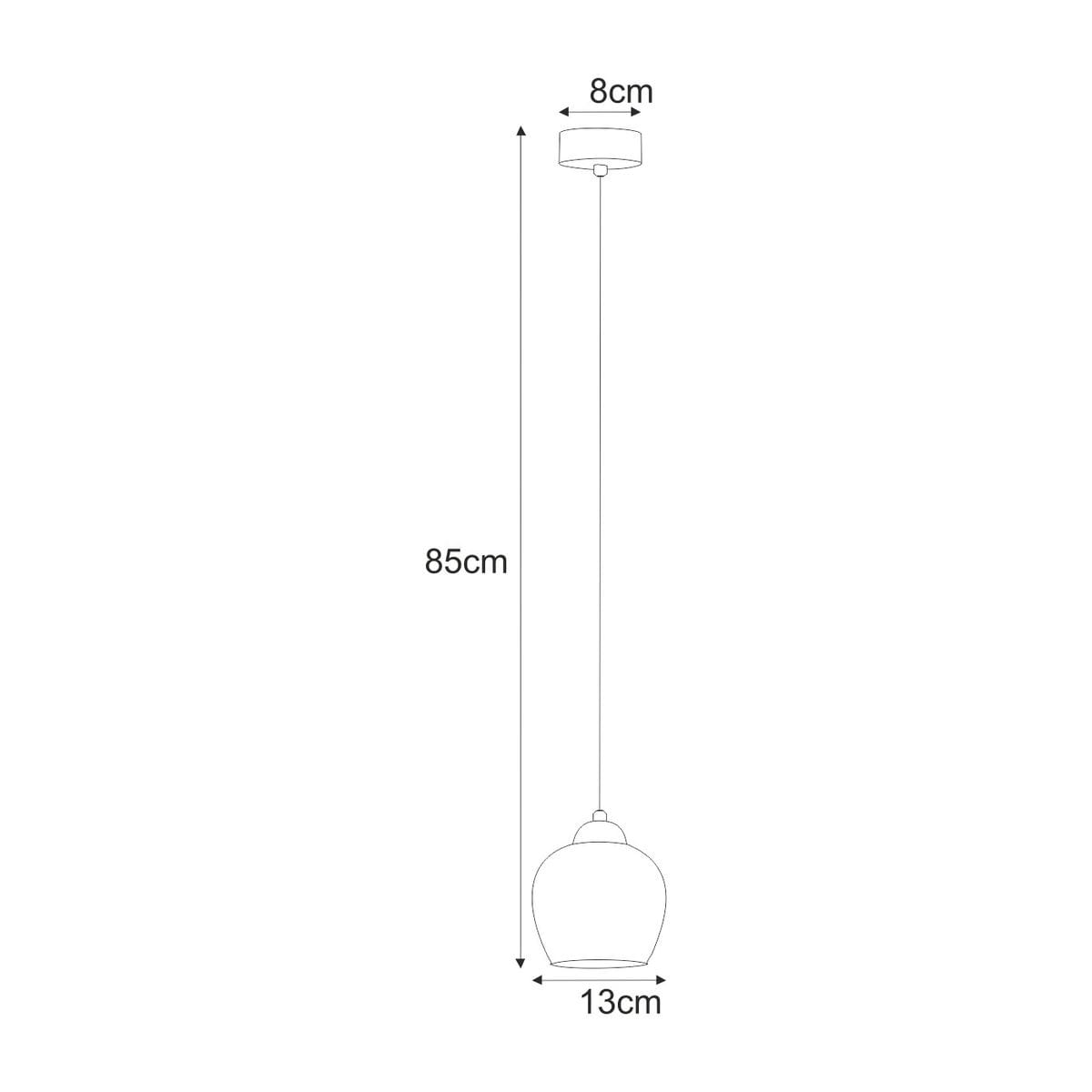 Lampa wisząca Tula z jedną oprawą E27, w kolorze czarnym z bursztynowym kloszem. Okrągły klosz o średnicy 13 cm zwisa na przewodzie o długości 85 cm, zakończony okrągłym mocowaniem o średnicy 8 cm. Idealna do nowoczesnych wnętrz.