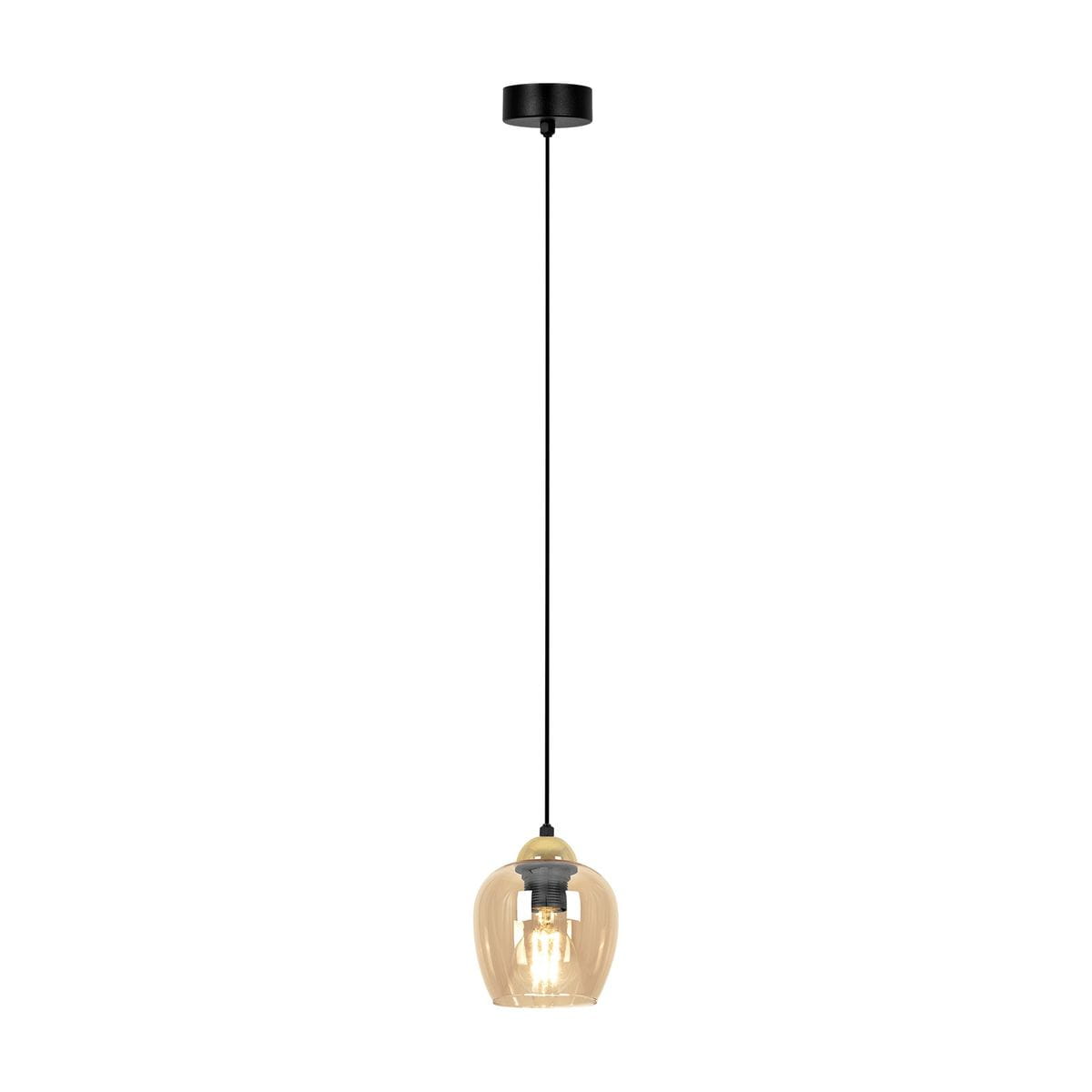 Lampa wisząca Tula z czarnym kablem i czarnym mocowaniem, z bursztynowym, przezroczystym kloszem w kształcie dzwonu. Widoczna żarówka E27 wewnątrz klosza, zawieszona na długim przewodzie. Proste tło podkreśla minimalistyczny design.