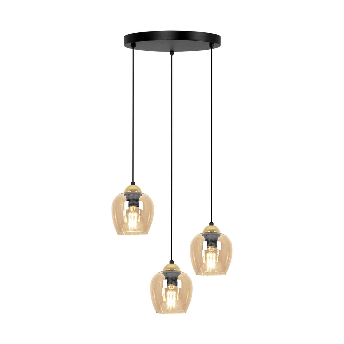 Lampa wisząca Tula 3xE27 w kolorze czarnym z bursztynowymi kloszami. Trzy szklane klosze w kształcie dzwonu zawieszone na czarnych przewodach, przymocowane do okrągłej, czarnej podsufitki. Idealna do nowoczesnych wnętrz.