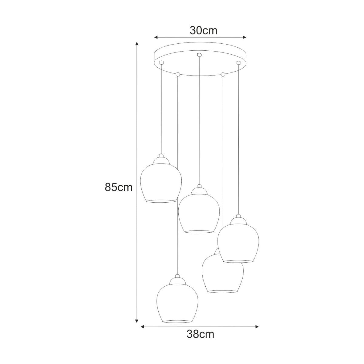 Lampa wisząca Tula z pięcioma oprawami E27, czarna z bursztynowymi kloszami. Wymiary: średnica 30 cm, wysokość 85 cm, szerokość 38 cm. Klosze mają zaokrąglony kształt, zawieszone na cienkich linkach.