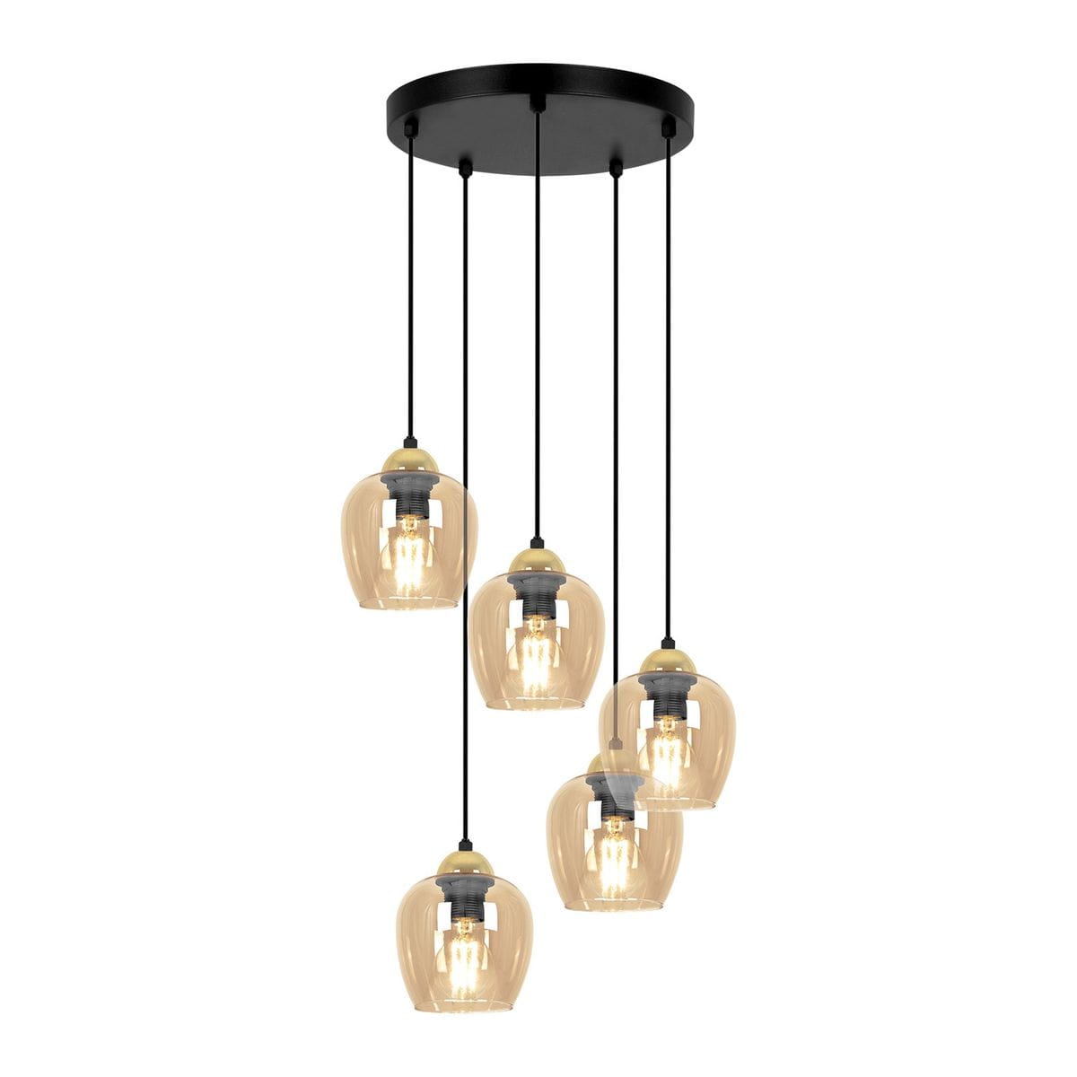 Lampa wisząca Tula z pięcioma kloszami E27 w kolorze czarnym i bursztynowym. Klosze mają kształt szklanej kuli, zawieszone na czarnych przewodach. Całość montowana do sufitu na okrągłej podstawie. Idealna do nowoczesnych wnętrz.