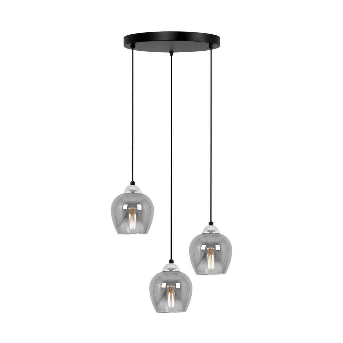 Lampa wisząca Nira z trzema kloszami w kolorze grafitowym, zawieszona na czarnym stelażu. Klosze mają zaokrąglony kształt i są przezroczyste, eksponując żarówki E27. Produkt zawieszony na długich linkach, idealny do nowoczesnych wnętrz.