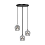 Lampa wisząca Nira z trzema kloszami w kolorze grafitowym, zawieszona na czarnym stelażu. Klosze mają zaokrąglony kształt i są przezroczyste, eksponując żarówki E27. Produkt zawieszony na długich linkach, idealny do nowoczesnych wnętrz.