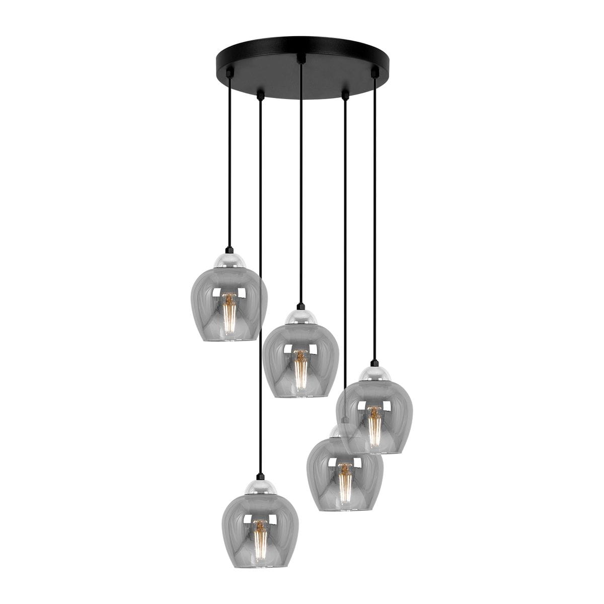 Lampa wisząca Nira z pięcioma kloszami E27 w kolorze czarnym i grafitowym. Klosze w kształcie dzwonu z przezroczystego szkła, zawieszone na czarnych przewodach. Montaż sufitowy. Idealna do nowoczesnych wnętrz.