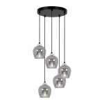 Lampa wisząca Nira z pięcioma kloszami E27 w kolorze czarnym i grafitowym. Klosze w kształcie dzwonu z przezroczystego szkła, zawieszone na czarnych przewodach. Montaż sufitowy. Idealna do nowoczesnych wnętrz.