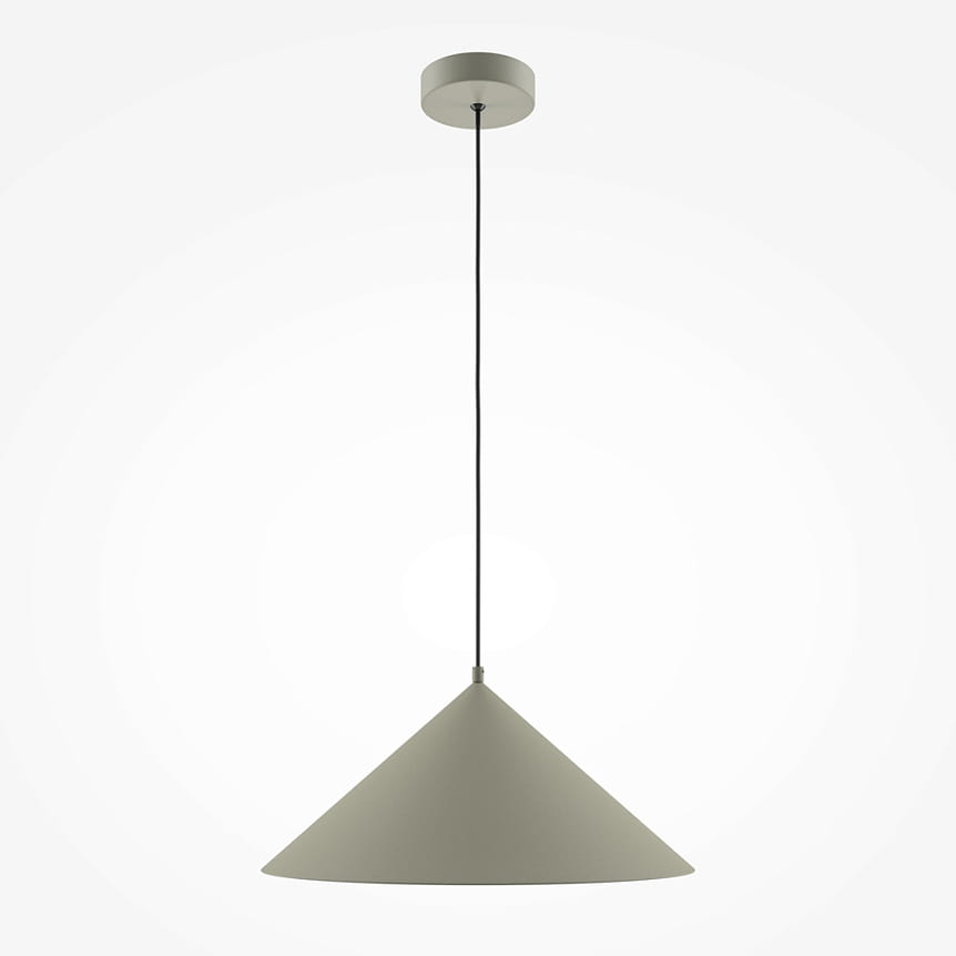 Szara lampa wisząca Basic Color z kloszem w kształcie stożka, zawieszona na czarnym przewodzie. Metalowy sufitowy uchwyt w kolorze szarym. Przeznaczona na żarówkę E27. Prosty, nowoczesny design, idealna do wnętrz.