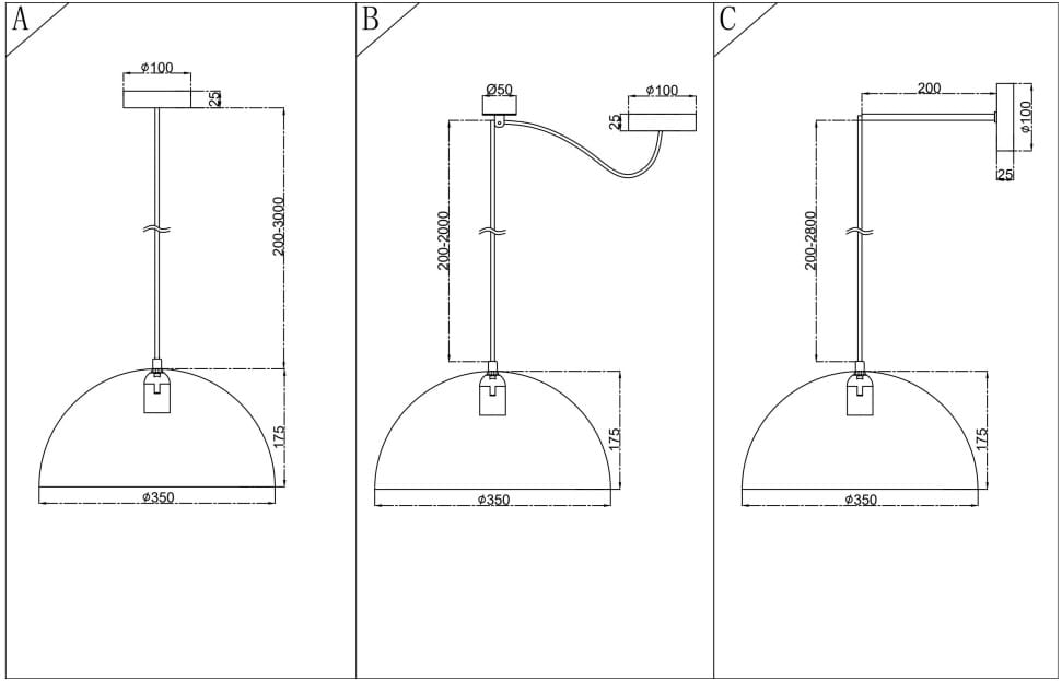 Lampa wisząca Basic Color w kolorze szarym, z oprawą na żarówkę E27. Okrągły klosz o średnicy 350 mm, zawieszony na regulowanym przewodzie. Widok z różnych kątów, z wymiarami: wysokość 200-3000 mm, średnica uchwytu 100 mm.