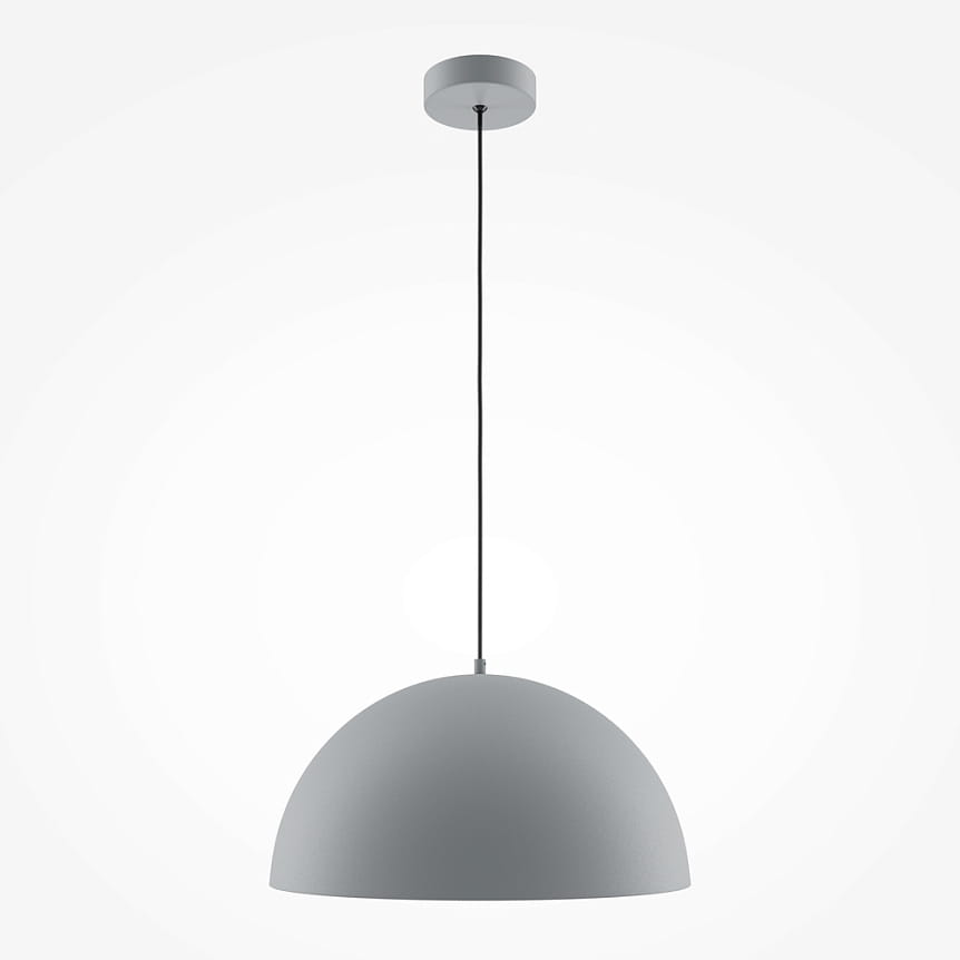 Lampa wisząca Basic Color w kolorze szarym, z oprawą w kształcie półkuli. Zawieszona na cienkim czarnym kablu, z metalowym mocowaniem sufitowym. Przeznaczona na żarówkę E27, idealna do nowoczesnych wnętrz. Tło białe.