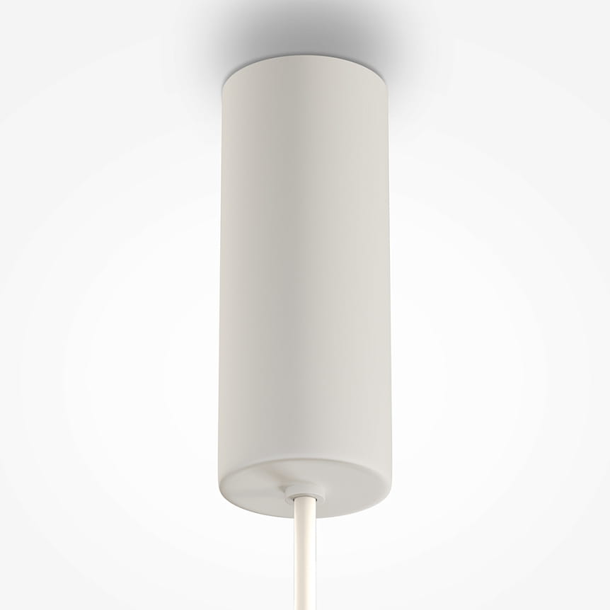 Lampa wisząca LED Gerhard o mocy 26W i temperaturze barwowej 3000K, w białej obudowie cylindrycznej z metalowym mocowaniem, zawieszona na cienkim przewodzie, widok z dołu na górną część lampy.