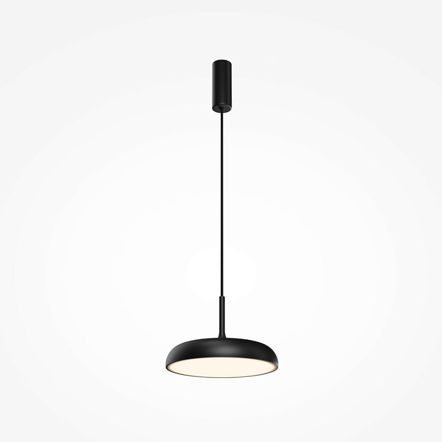 Lampa wisząca LED Gerhard w kolorze czarnym, o mocy 19W i temperaturze barwowej 3000K. Posiada okrągły, płaski klosz oraz długi, cienki przewód. Zawieszona w pionie na białym tle, idealna do nowoczesnych wnętrz.