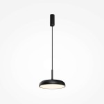 Lampa wisząca LED Gerhard w kolorze czarnym, o mocy 19W i temperaturze barwowej 3000K. Posiada okrągły, płaski klosz oraz długi, cienki przewód. Zawieszona w pionie na białym tle, idealna do nowoczesnych wnętrz.