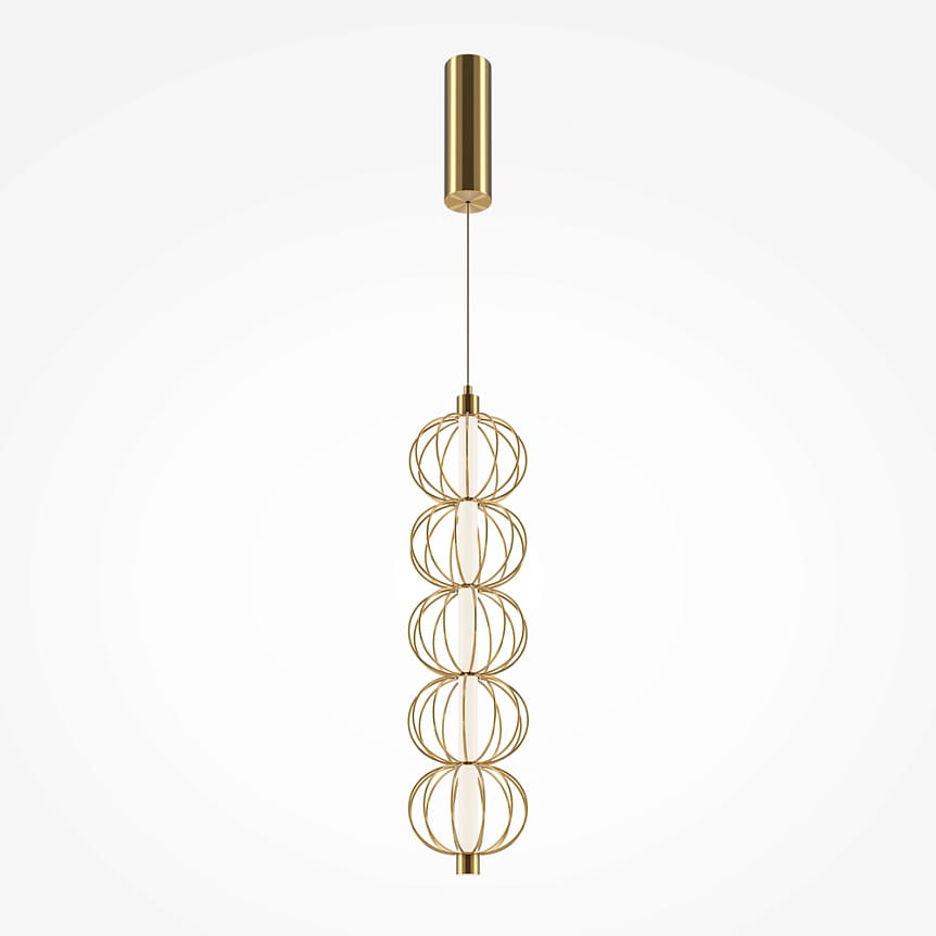 Lampa wisząca LED Golden Cage o mocy 17W i temperaturze barwowej 3000K w kolorze złotym. Posiada sześć okrągłych elementów w formie ażurowych kul, zawieszonych na cienkim kablu, montowana na sufitowej podstawie w złotym wykończeniu.