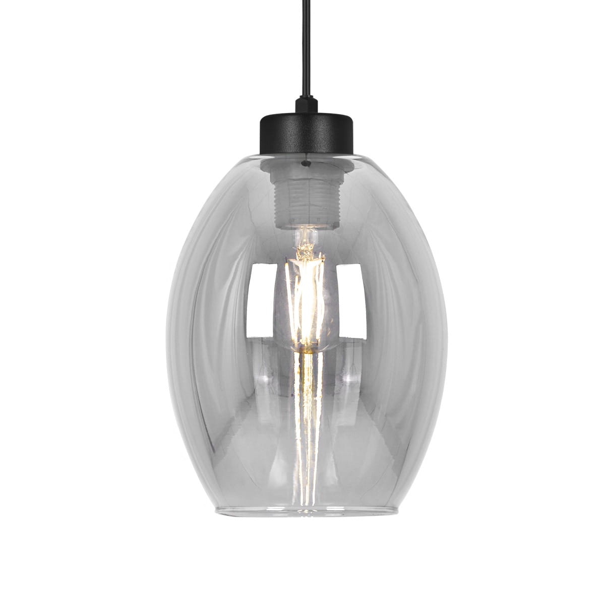 Lampa wisząca Balbo z czarnym mocowaniem i dymionym, szklanym kloszem w kształcie owalnym. Widoczna żarówka E27 wewnątrz klosza. Produkt zawieszony na cienkim przewodzie, w neutralnym tle.