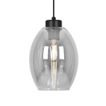 Lampa wisząca Balbo z czarnym mocowaniem i dymionym, szklanym kloszem w kształcie owalnym. Widoczna żarówka E27 wewnątrz klosza. Produkt zawieszony na cienkim przewodzie, w neutralnym tle.