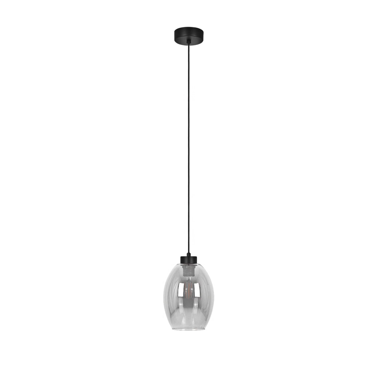 Lampa wisząca Balbo z pojedynczym źródłem światła E27, w kolorze czarnym z dymionym szklanym kloszem. Produkt zawieszony na cienkim czarnym przewodzie, z okrągłą podsufitką. Kształt klosza owalny, gładka powierzchnia.