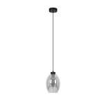 Lampa wisząca Balbo z pojedynczym źródłem światła E27, w kolorze czarnym z dymionym szklanym kloszem. Produkt zawieszony na cienkim czarnym przewodzie, z okrągłą podsufitką. Kształt klosza owalny, gładka powierzchnia.