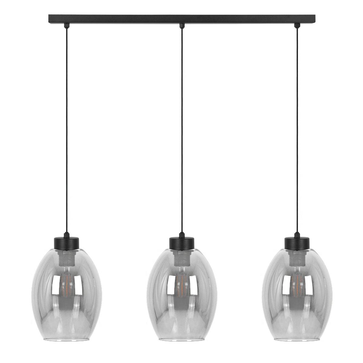 Lampa wisząca Balbo 3xE27 w kolorze czarnym z dymionymi kloszami. Produkt zawieszony na prostokątnej, czarnej podstawie. Klosze mają owalny kształt, wykonane z przezroczystego szkła. Idealna do nowoczesnych wnętrz.