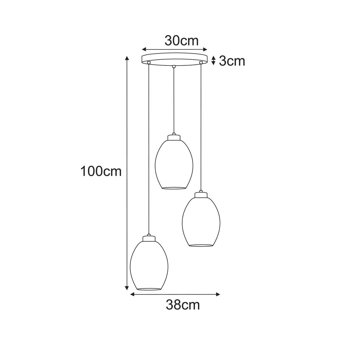 Lampa wisząca Balbo z trzema kloszami E27 w kolorze czarnym i dymionym. Klosze mają kształt owalny, a ich wymiary to 38 cm średnicy i 100 cm długości zawieszenia. Wymiary podstawy to 30 cm średnicy i 3 cm wysokości.
