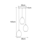 Lampa wisząca Balbo z trzema kloszami E27 w kolorze czarnym i dymionym. Klosze mają kształt owalny, a ich wymiary to 38 cm średnicy i 100 cm długości zawieszenia. Wymiary podstawy to 30 cm średnicy i 3 cm wysokości.