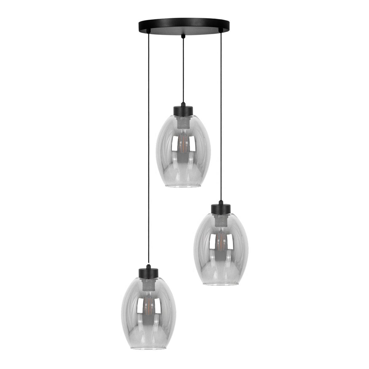 Lampa wisząca Balbo, czarna z dymionymi kloszami, zawieszona na trzech smukłych linkach. Klosze w kształcie elipsy, przezroczyste, z widocznymi źródłami światła E27. Metalowy sufitowy uchwyt w kolorze czarnym.