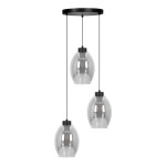 Lampa wisząca Balbo, czarna z dymionymi kloszami, zawieszona na trzech smukłych linkach. Klosze w kształcie elipsy, przezroczyste, z widocznymi źródłami światła E27. Metalowy sufitowy uchwyt w kolorze czarnym.