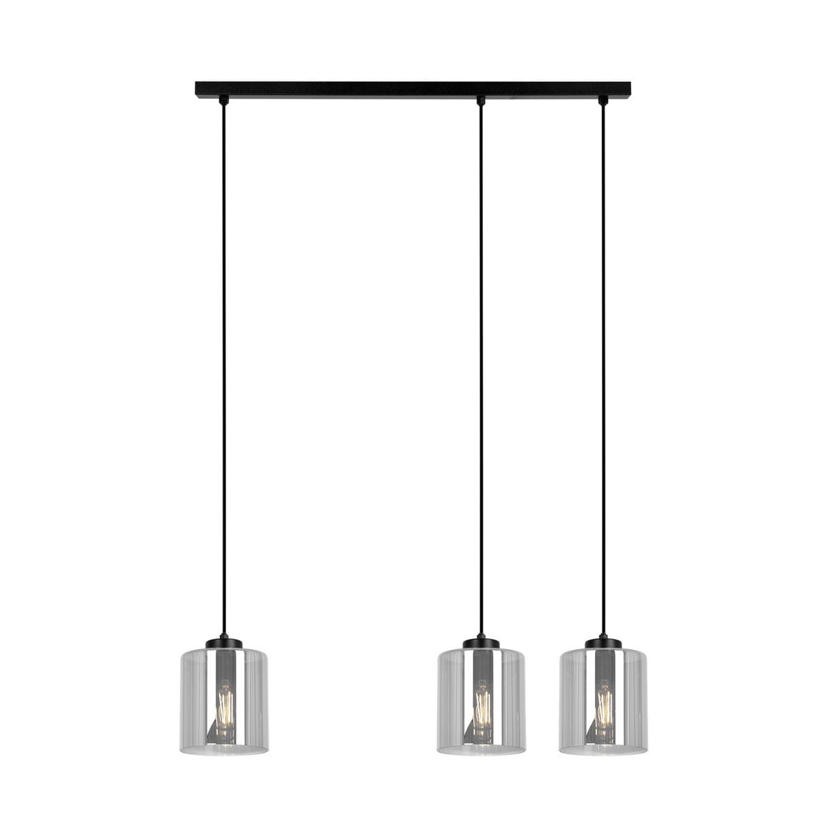 Lampa wisząca Miri 3xE27 w kolorze czarnym i grafitowym. Składa się z trzech szklanych kloszy w kształcie walca, zawieszonych na cienkich, czarnych linkach. Elementy metalowe w kolorze czarnym, montowana pod sufitem.