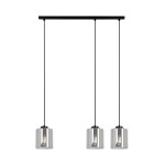 Lampa wisząca Miri 3xE27 w kolorze czarnym i grafitowym. Składa się z trzech szklanych kloszy w kształcie walca, zawieszonych na cienkich, czarnych linkach. Elementy metalowe w kolorze czarnym, montowana pod sufitem.