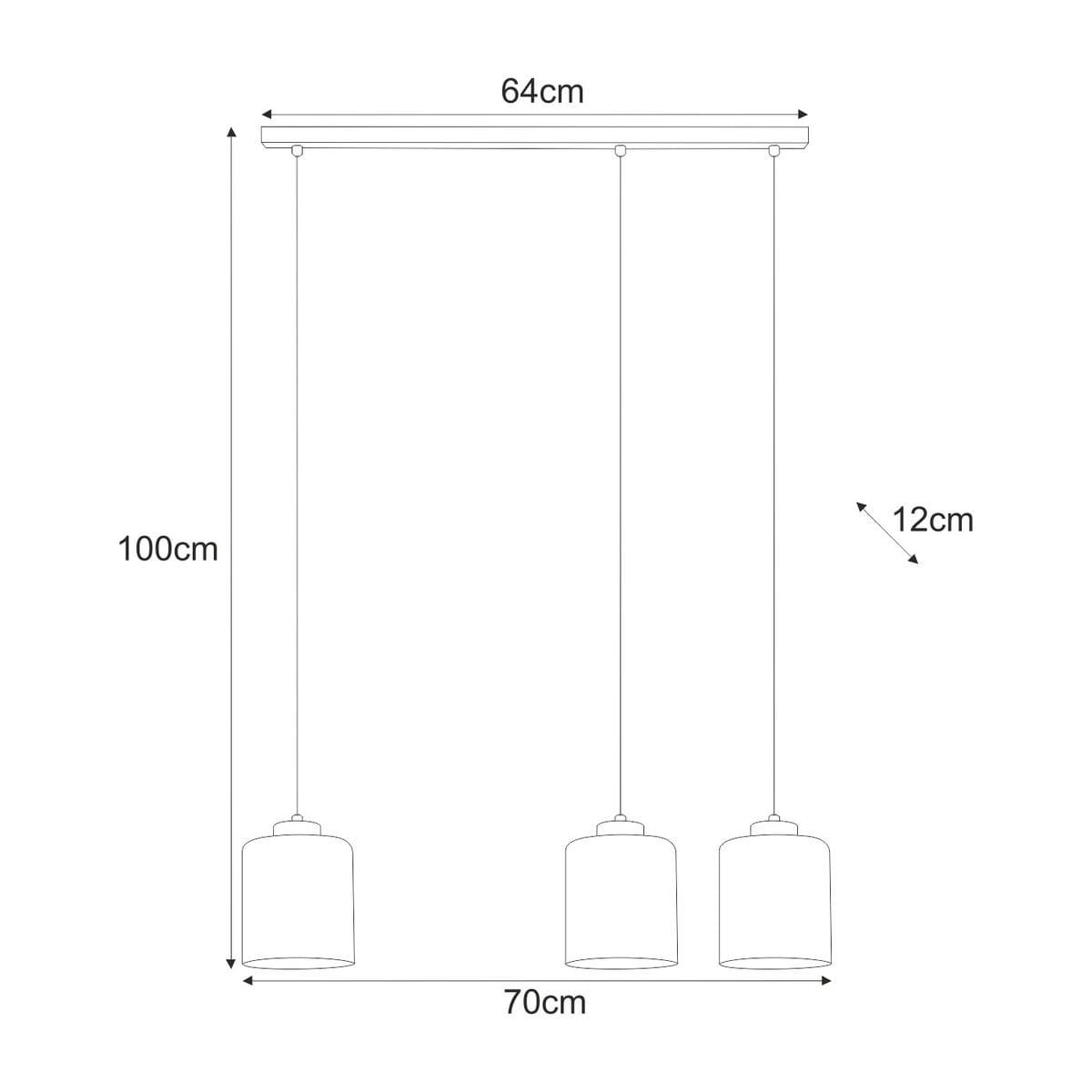 Lampa wisząca Miri z trzema oprawami E27 w kolorze czarnym i grafitowym. Wymiary: długość 64 cm, wysokość 100 cm, szerokość 12 cm. Prosta konstrukcja z cylindrycznymi kloszami, zawieszona na długich linkach.