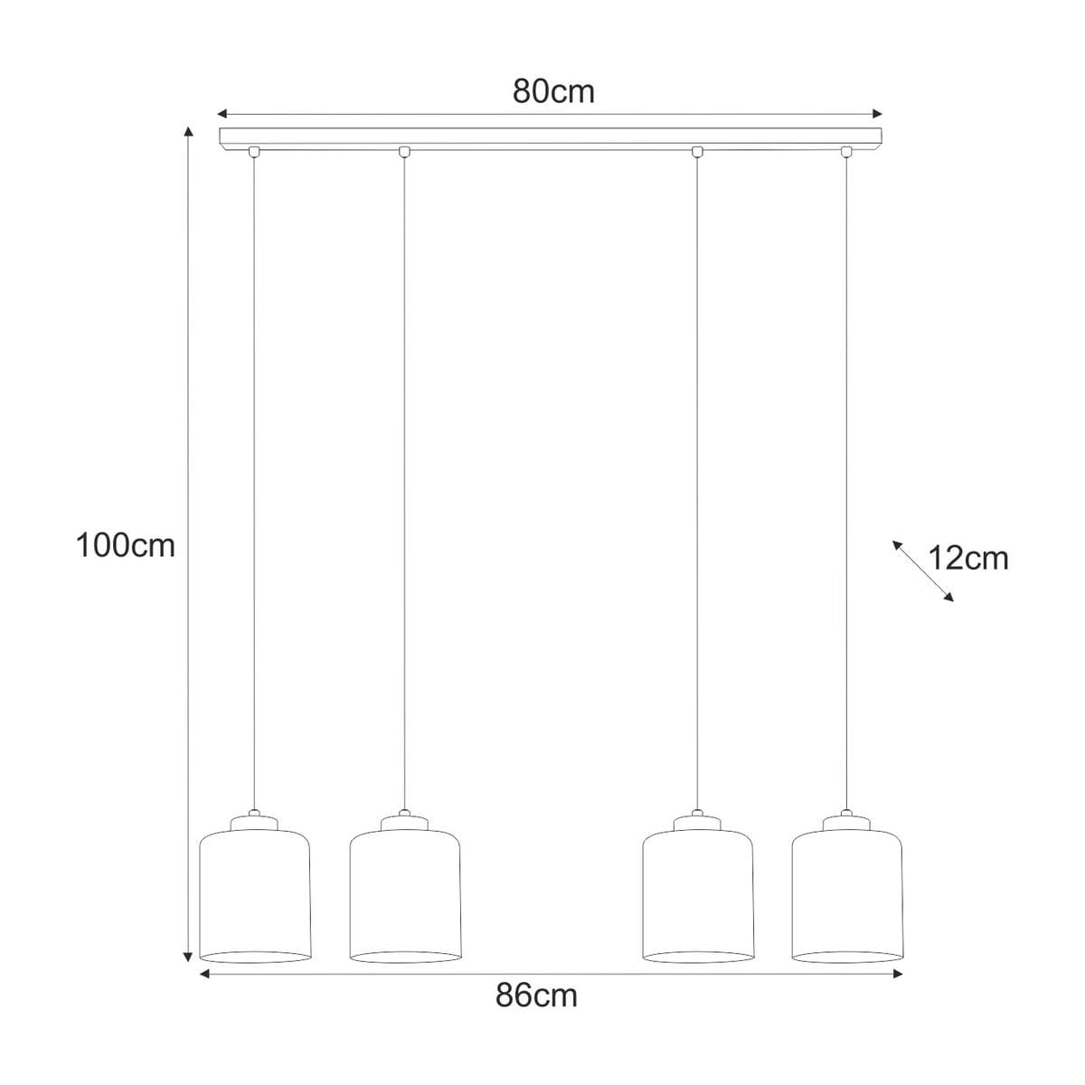 Lampa wisząca Miri 4xE27 w kolorze czarnym i grafitowym, z czterema okrągłymi kloszami. Wymiary: długość 80 cm, szerokość 86 cm, wysokość 100 cm, grubość 12 cm. Produkt zawieszony na cienkich linkach, idealny do nowoczesnych wnętrz.