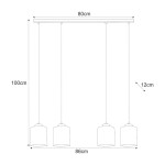 Lampa wisząca Miri 4xE27 w kolorze czarnym i grafitowym, z czterema okrągłymi kloszami. Wymiary: długość 80 cm, szerokość 86 cm, wysokość 100 cm, grubość 12 cm. Produkt zawieszony na cienkich linkach, idealny do nowoczesnych wnętrz.