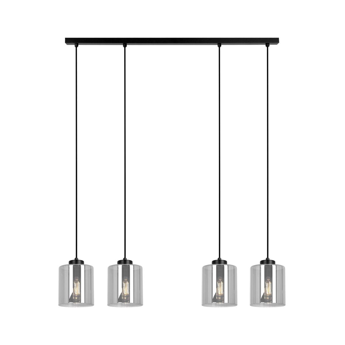 Lampa wisząca Miri z czterema kloszami E27 w kolorze czarnym i grafitowym. Klosze szklane, cylindryczne, z metalowymi elementami, zawieszone na cienkich linkach. Montaż sufitowy, nowoczesny design. Tło białe.