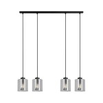 Lampa wisząca Miri z czterema kloszami E27 w kolorze czarnym i grafitowym. Klosze szklane, cylindryczne, z metalowymi elementami, zawieszone na cienkich linkach. Montaż sufitowy, nowoczesny design. Tło białe.