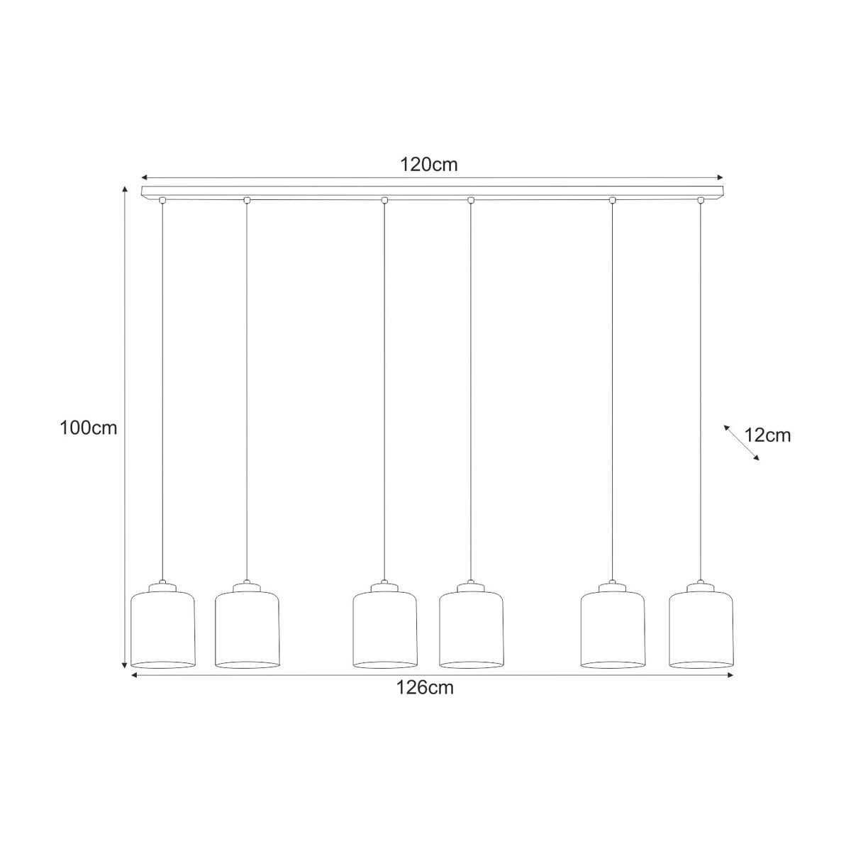 Lampa wisząca Miri w kolorze czarnym i grafitowym, przeznaczona na 6 żarówek E27. Wymiary: długość 120 cm, wysokość 100 cm, wysokość kloszy 12 cm. Ułożona w poziomie, z kloszami zwisającymi na równych odległościach.