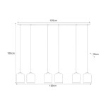 Lampa wisząca Miri w kolorze czarnym i grafitowym, przeznaczona na 6 żarówek E27. Wymiary: długość 120 cm, wysokość 100 cm, wysokość kloszy 12 cm. Ułożona w poziomie, z kloszami zwisającymi na równych odległościach.