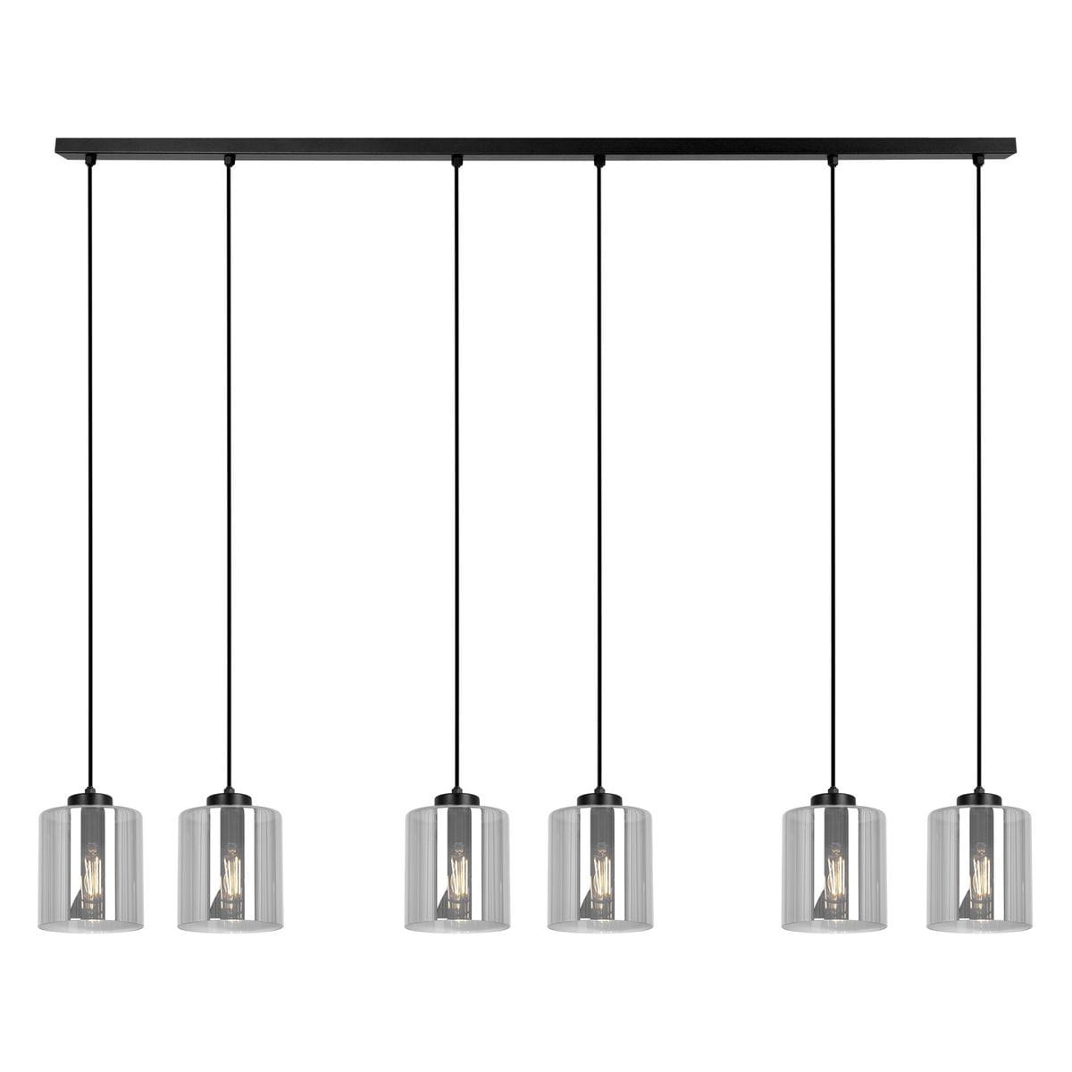 Lampa wisząca Miri z sześcioma kloszami E27 w kolorze czarnym i grafitowym. Klosze mają szklane, przezroczyste wykończenie, zawieszone na cienkich linkach. Produkt montowany na prostokątnej podstawie.