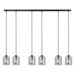 Lampa wisząca Miri z sześcioma kloszami E27 w kolorze czarnym i grafitowym. Klosze mają szklane, przezroczyste wykończenie, zawieszone na cienkich linkach. Produkt montowany na prostokątnej podstawie.