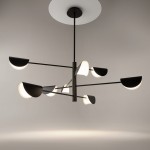 Lampa wisząca Mollis 8-punktowa w kolorze czarnym, z metalową konstrukcją i półokrągłymi kloszami w białym kolorze. Produkt zawieszony na cienkim, czarnym przewodzie, z okrągłym mocowaniem sufitowym.