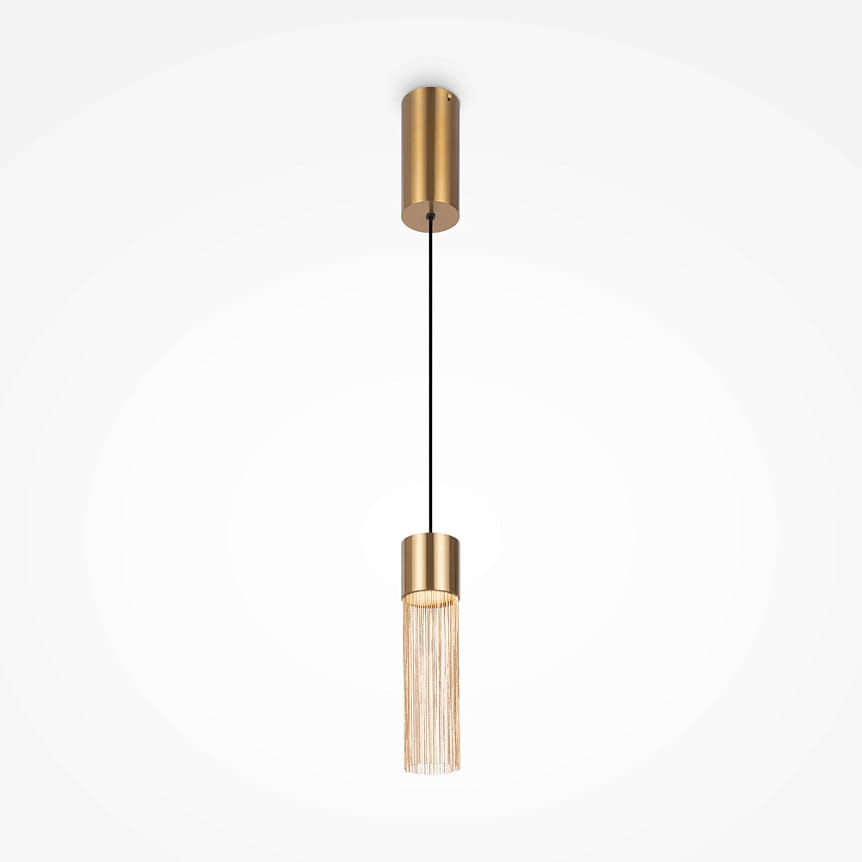 Lampa wisząca LED Imaginary, moc 5W, barwa światła 3000K, w złotym kolorze. Okrągła podsufitka z metalu, wiszący klosz z długimi, cienkimi elementami, zawieszona na czarnym przewodzie, frontalne ujęcie na białym tle.