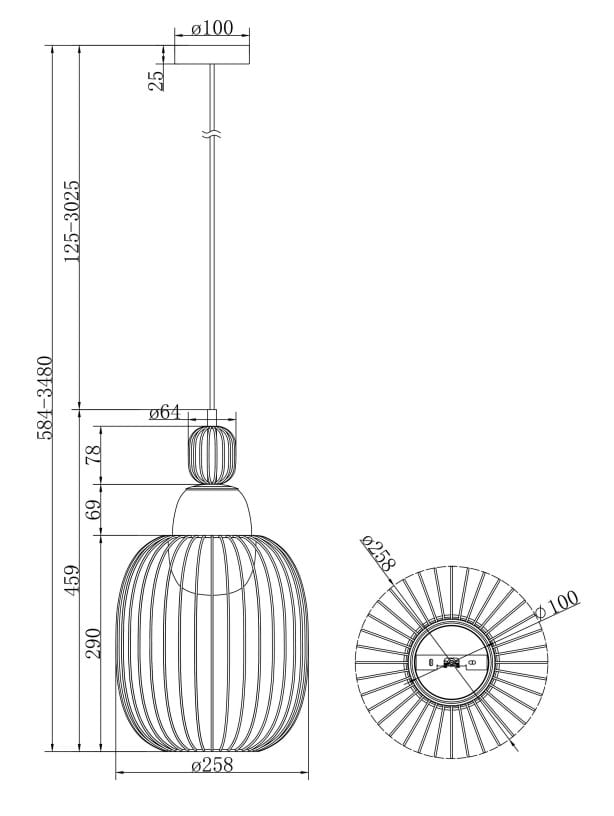 Lampa wisząca Levitation 1xG9 w kolorze mosiądzu, o kształcie kulistym z pionowymi szczelinami, zawieszona na cienkim kablu. Średnica 258 mm, długość regulowana w zakresie 125-3025 mm. W zestawie mocowanie sufitowe o średnicy 100 mm.